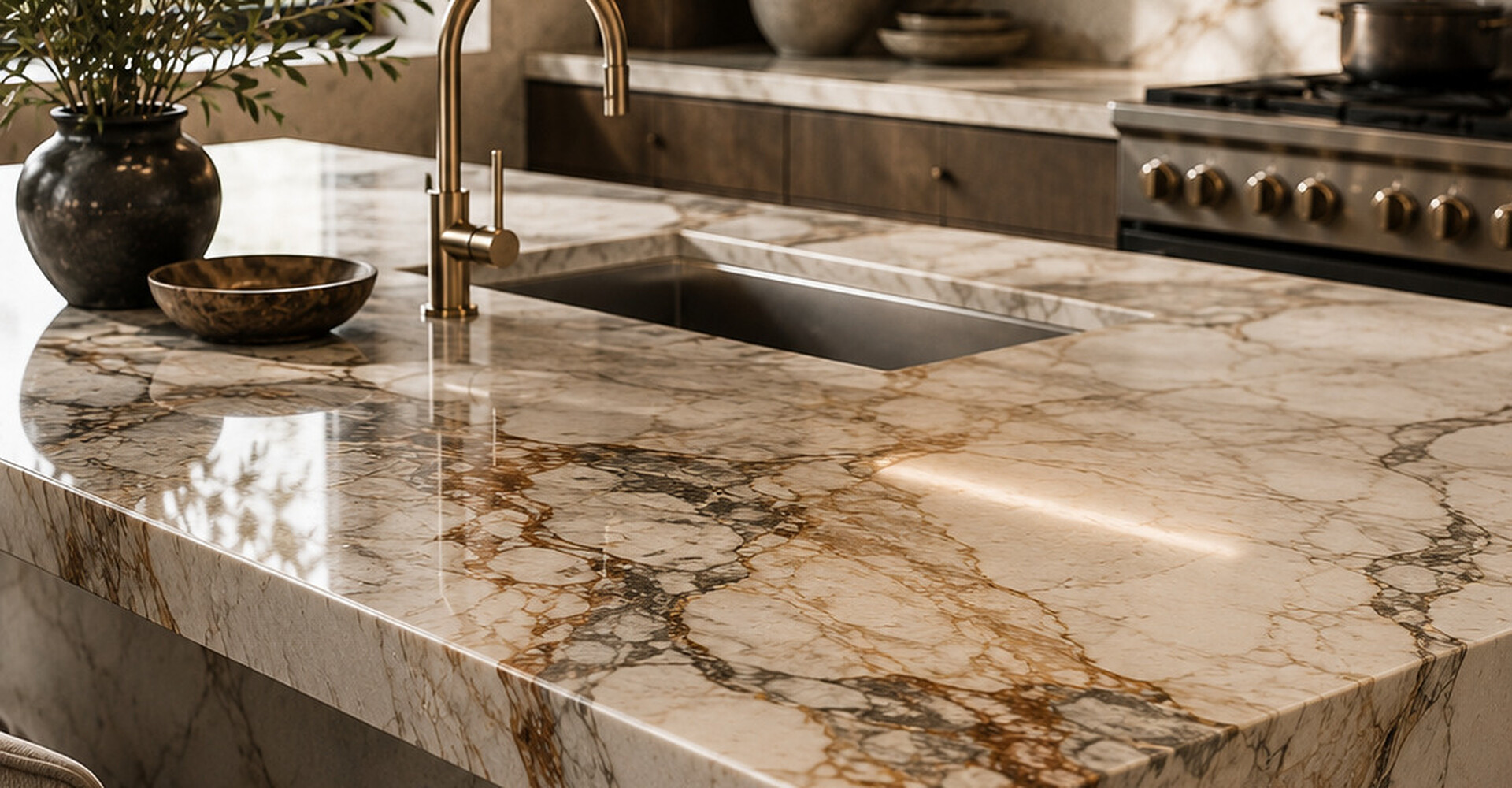 Close-up of a gold-veined marble kitchen island countertop with brass faucet and undermount sink