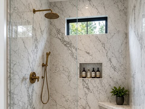Walk-in shower with full-height marble slab walls, brass fixtures, and a built-in niche and bench