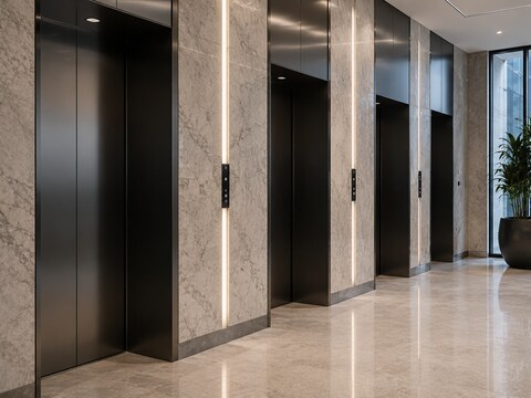 Elevator lobby corridor with book-matched marble wall panels and matching floor tile