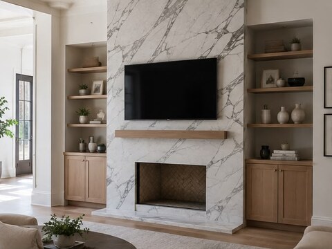 Marble slab fireplace wall with floating wood mantel shelf and mounted television