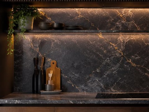 Dramatic black and gold marble kitchen backsplash with a backlit floating shelf and wood cabinetry