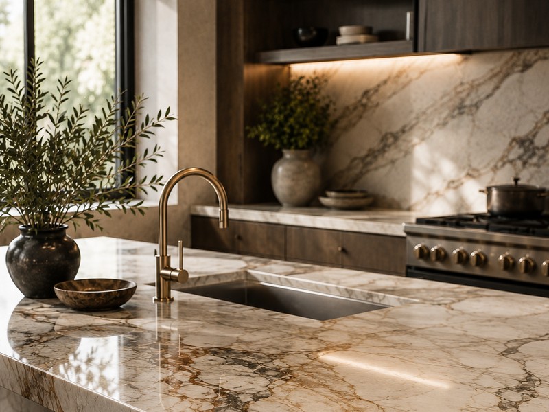 Kitchen island with marble waterfall edge, undermount sink, and marble backsplash, fabricated in-house
