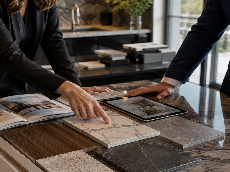 Consultant and client reviewing stone and cabinet material samples